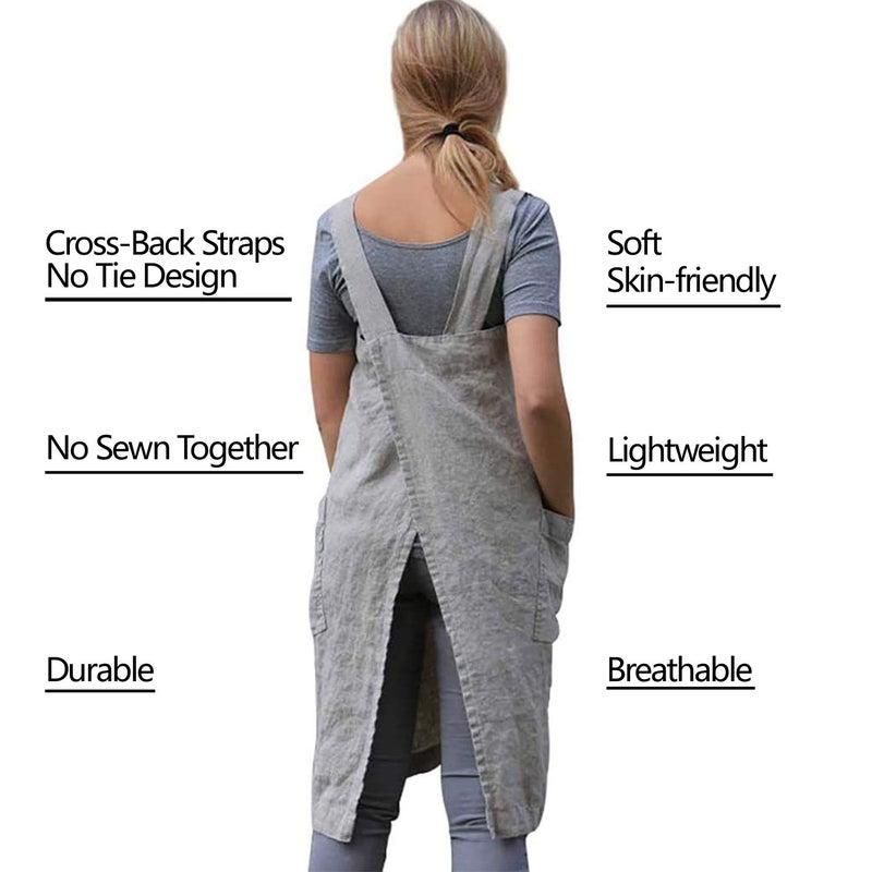 VLZUFE Cotton Linen Apron for women Cross Back Apron Pinafore Dress for Baking Cooking Gardening Work - Image 4